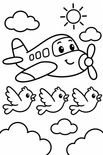 Plane and Birds coloring page