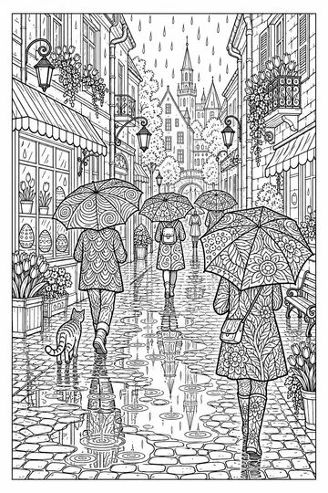Rainy Town Street Zentangle coloring page