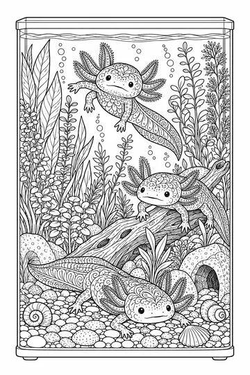 Axolotl Aquascape Zentangle coloring page