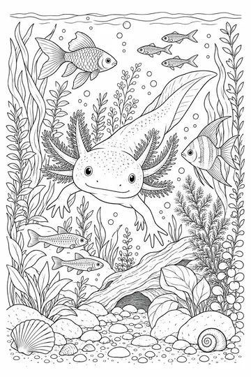 Axolotl and Fish coloring page