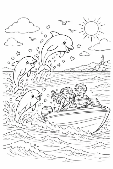 Dolphins by the Boat coloring page