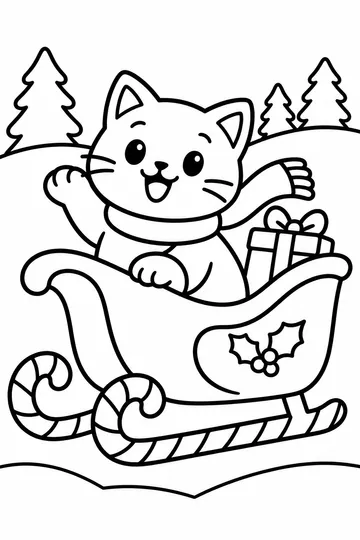 Cat on a Candy Sleigh coloring page