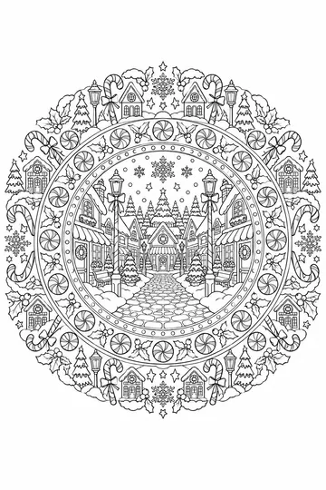 Candy Cane Village Mandala coloring page