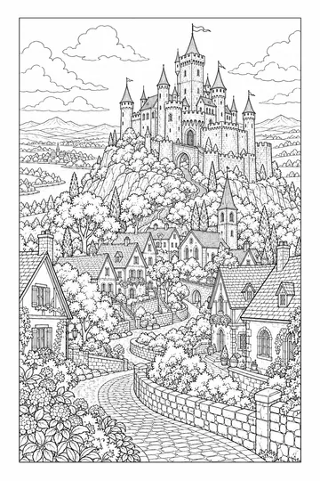 Castle and Village coloring page