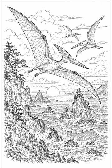 Pterosaurs over the Sea coloring page