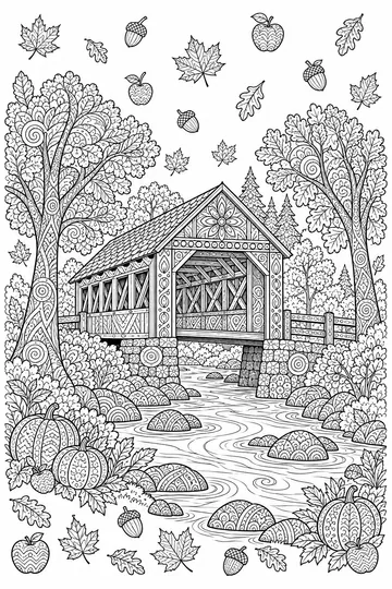 Covered Bridge in Autumn Zentangle coloring page