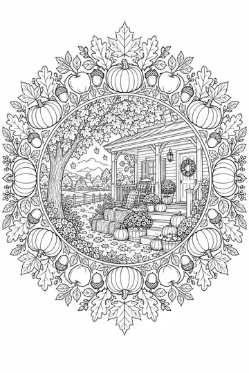 Farmhouse in Autumn Mandala coloring page