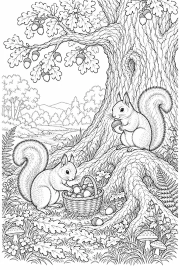 Squirrels Gathering Acorns coloring page