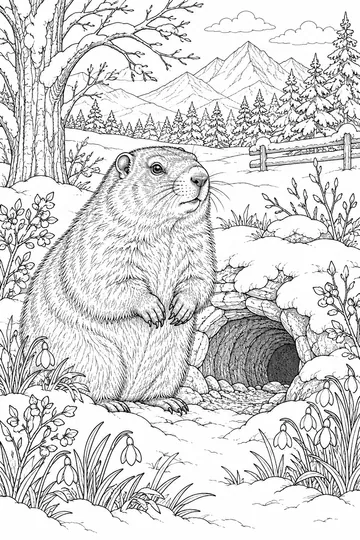 Groundhog in a Winter Meadow coloring page