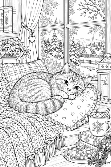 Cat on a Heart Pillow coloring page