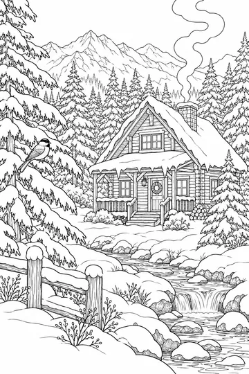Snowy Winter Cabin coloring page