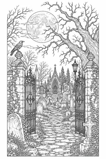 Moonlit Graveyard coloring page