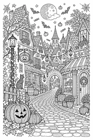 Halloween Village Zentangle coloring page