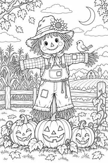 Scarecrow and Pumpkins coloring page
