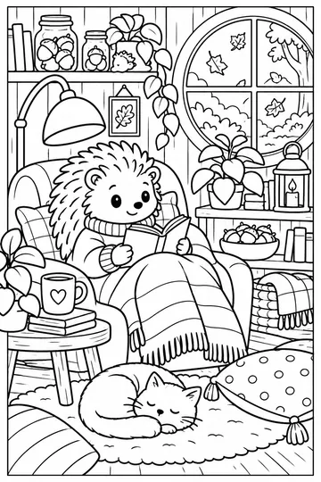 Hedgehog Study Nook coloring page