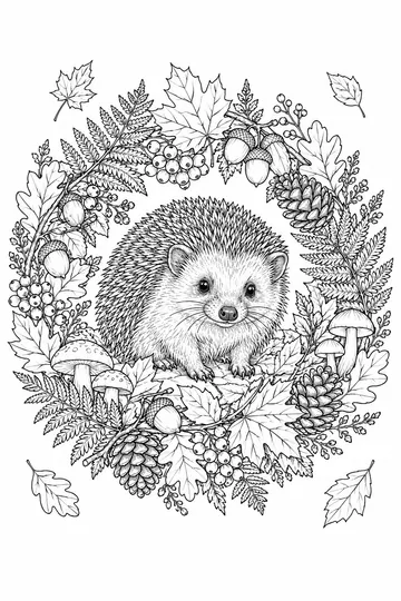 Hedgehog Autumn Wreath coloring page