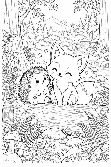 Hedgehog and Fox Friends coloring page