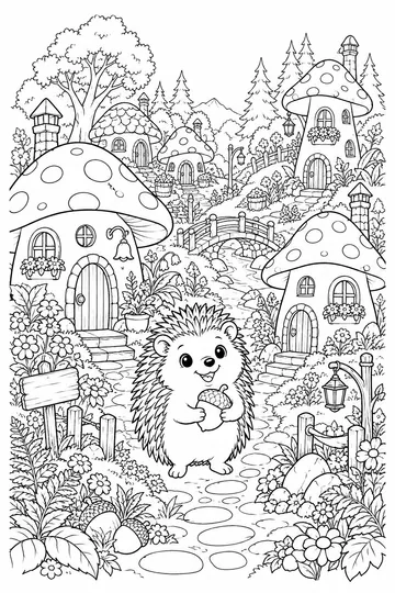 Mushroom Village Hedgehog coloring page