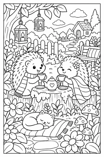 Hedgehog Tea Garden coloring page