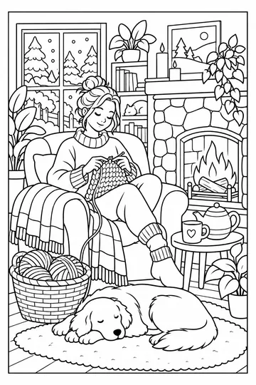 Knitting by the Fire coloring page