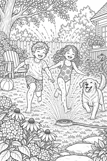 Running Through the Sprinkler coloring page