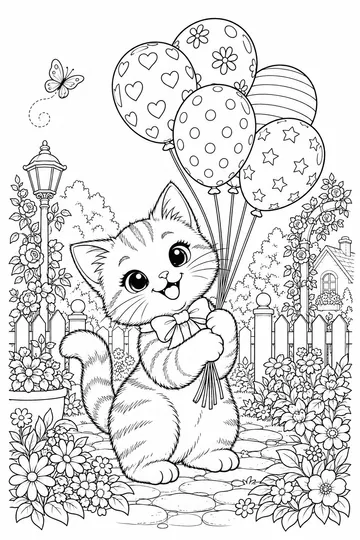 Kitten with Balloons coloring page