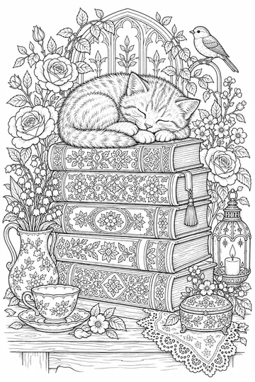 Kitten on Books coloring page