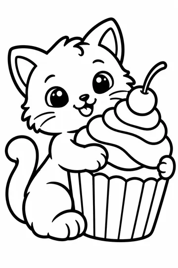 Kitten and Cupcake coloring page