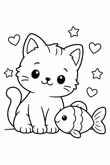 Kitten and Fish coloring page to color online