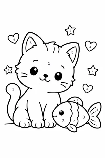 Kitten and Fish color by number to color online