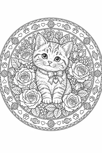 Kitten Floral Frame Mandala coloring page