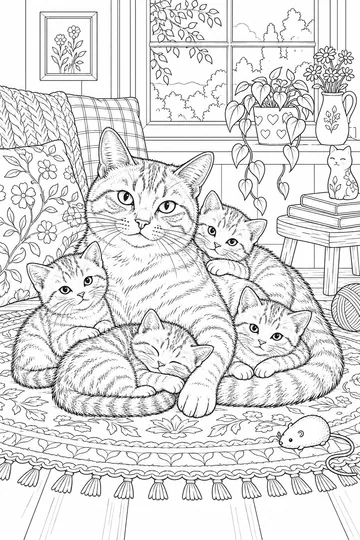 Mother Cat and Kittens coloring page