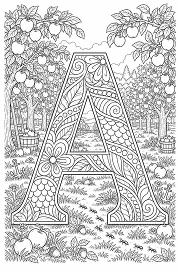 Apple Orchard Letter A Zentangle coloring page