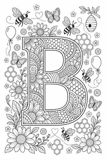 Bee Garden Letter B Zentangle coloring page