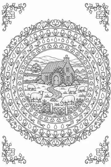 Irish Countryside Cottage Mandala coloring page