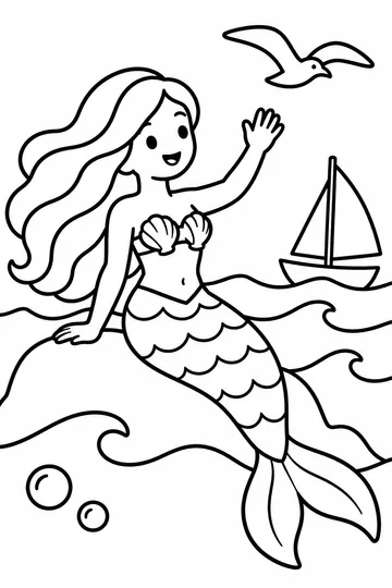 Mermaid Waving at a Boat coloring page