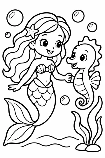 Mermaid and Seahorse coloring page