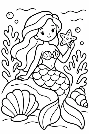Mermaid with Shells and Coral coloring page