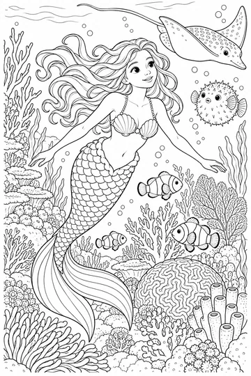 Mermaid in the Coral Reef coloring page