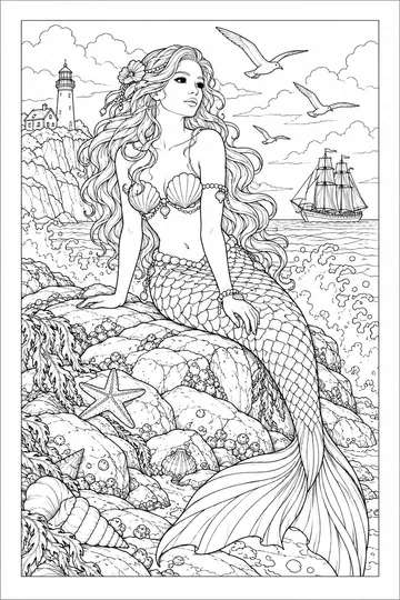 Mermaid on the Rocks coloring page