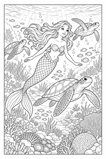 Mermaid and Sea Turtles coloring page