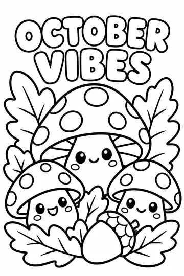 Kawaii Autumn Mushrooms coloring page