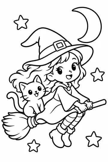 Little Witch on a Broom coloring page