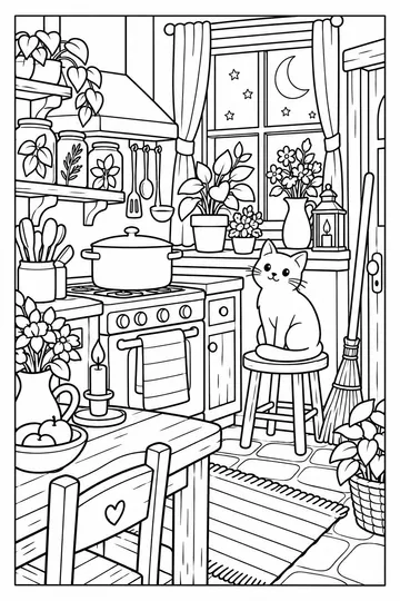 Cozy Witch Kitchen coloring page