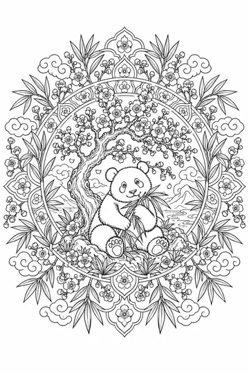 Panda and Blossoms Mandala coloring page