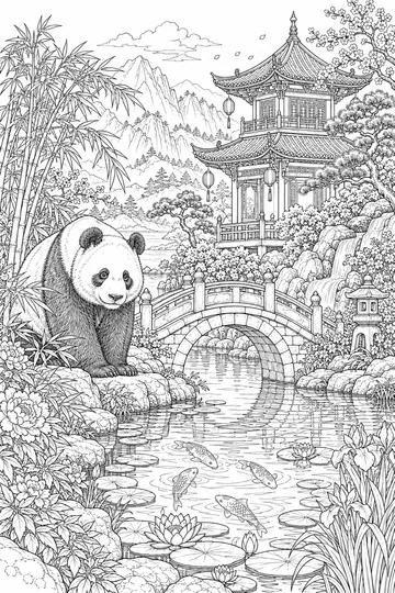 Panda and Pagoda coloring page