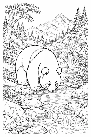 Panda by the Stream coloring page