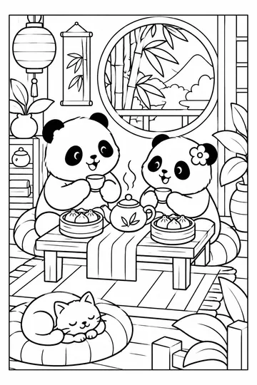 Panda Tea House coloring page