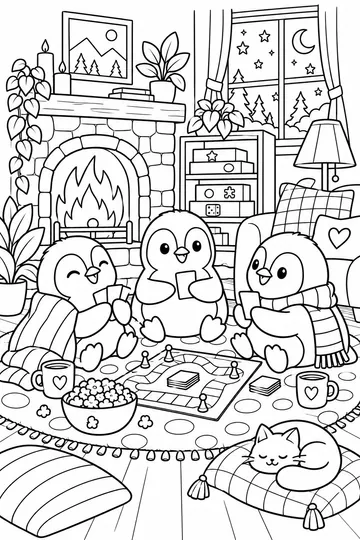 Penguin Game Night coloring page