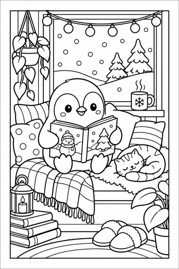 Penguin Reading Nook coloring page